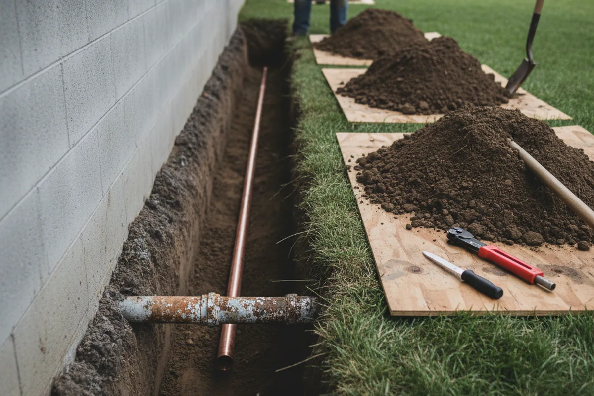 Excavated water line trench during Sewer Line Repair in Ware